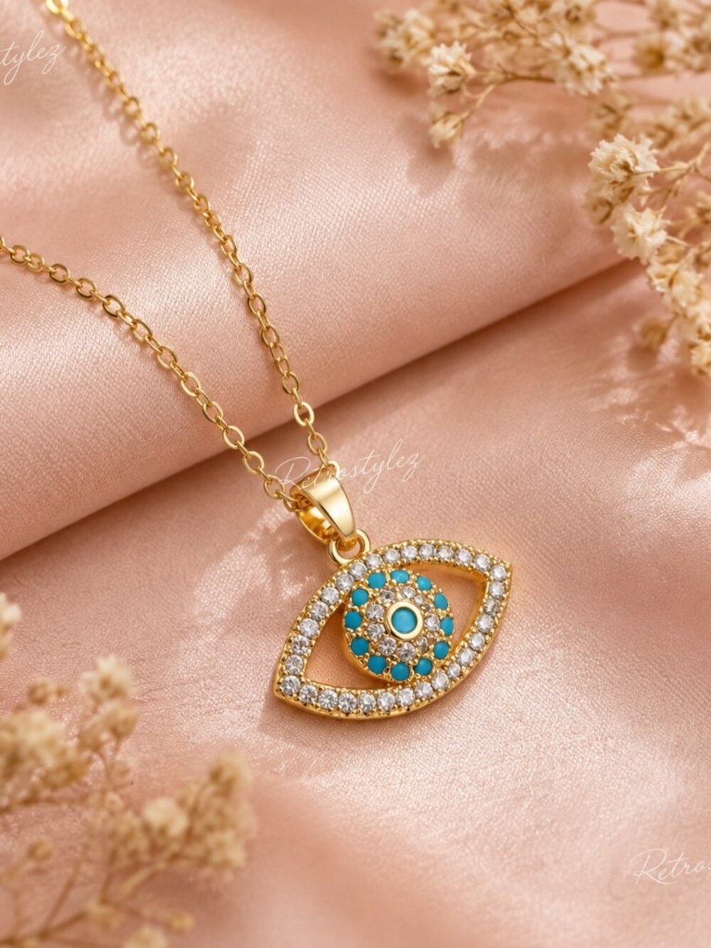 18K Gold Womens 2ct Diamond 1ct Blue Turquoise Gemstone Eye Necklace New Jewelry